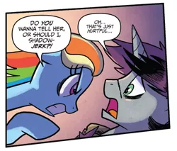 Size: 456x389 | Tagged: safe, artist:tonyfleecs, derpibooru import, idw, rainbow dash, shadow lock, pony, from the shadows, spoiler:comic, spoiler:comic53, cropped, duo, female, male, mare, official comic, speech bubble, stallion