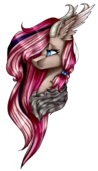 Size: 845x1476 | Tagged: safe, artist:xxmissteaxx, derpibooru import, oc, oc:mirach, unofficial characters only, draconequus, pony, bust, female, portrait, simple background, solo, transparent background