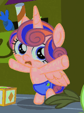 Size: 174x232 | Tagged: safe, color edit, derpibooru import, edit, edited screencap, editor:watermelon changeling, screencap, princess flurry heart, alicorn, pony, a flurry of emotions, animated, baby, baby pony, club can't handle me, color cycling, colored, dancing, diaper, gif, gif for breezies, hue, open mouth, party hard, picture for breezies, solo, toy, wat