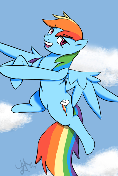 Size: 724x1080 | Tagged: safe, artist:yoichi-hayabusa, derpibooru import, rainbow dash, pony, flying, solo