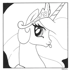 Size: 926x920 | Tagged: safe, artist:abronyaccount, derpibooru import, princess celestia, pony, black and white, bust, face, grayscale, lineart, majestic as fuck, monochrome, profile, sillestia, silly, silly pony, solo, tongue out