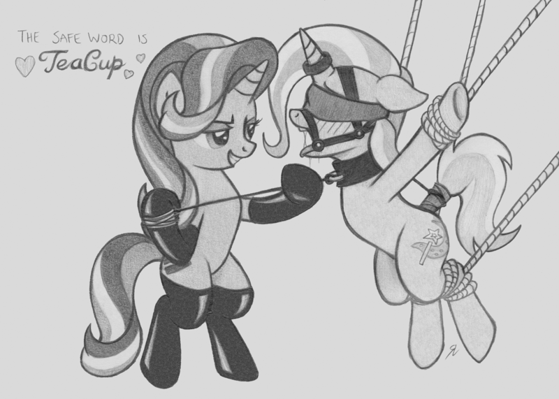 Size: 1294x923 | Tagged: questionable, artist:lockerobster, derpibooru import, starlight glimmer, trixie, pony, unicorn, bdsm, blindfold, blushing, bondage, bridle, clothes, collar, domination, drool, equal cutie mark, female, femdom, femsub, gag, horn ring, latex, latex socks, leash, leather, lesbian, magic suppression, mare, monochrome, open mouth, ring gag, rope, rope bondage, safe word, saints row the third, sex slave, shipping, slave, socks, speech, stardom glimmer, startrix, submissive, suspended, tack, tail holder, tail wrap, the weak and powerless trixie, tongue out