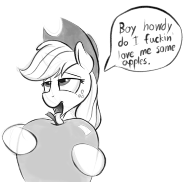 Size: 700x664 | Tagged: dead source, safe, artist:graboiidz, derpibooru import, applejack, pony, apple, bedroom eyes, dialogue, food, giant apple, grayscale, image, licking, monochrome, png, simple background, sketch, solo, that pony sure does love apples, tongue out, vulgar, white background