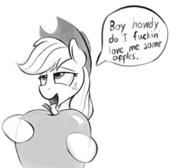 Size: 700x664 | Tagged: dead source, safe, artist:graboiidz, derpibooru import, applejack, pony, apple, bedroom eyes, dialogue, food, giant apple, grayscale, image, licking, monochrome, png, simple background, sketch, solo, that pony sure does love apples, tongue out, vulgar, white background