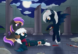 Size: 3961x2737 | Tagged: grimdark, artist:cloudy95, derpibooru import, oc, oc:patchy, oc:sophie, unofficial characters only, bat pony, pony, bandage, blood, clothes, column, female, flying, high res, male, mare, scarf, stallion, sword, weapon