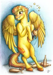 Size: 1024x1444 | Tagged: safe, artist:lupiarts, derpibooru import, spitfire, pegasus, pony, alcohol, bipedal, blushing, cutefire, drink, drunk, female, grin, leaning back, mare, smiling, solo, traditional art, unshorn fetlocks