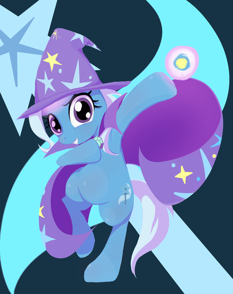 Size: 998x1260 | Tagged: safe, artist:noupu, derpibooru import, trixie, pony, abstract background, bipedal, cape, clothes, fireball, hat, magic, solo