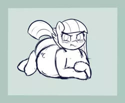 Size: 1162x958 | Tagged: safe, artist:funble, derpibooru import, limestone pie, earth pony, pony, blushing, female, limetsun pie, looking at you, lying down, mare, monochrome, pregnant, pregnant limestone, prone, scrunchy face, simple background, solo, tsundere