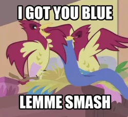 Size: 632x582 | Tagged: safe, derpibooru import, edit, edited screencap, screencap, bird, pony, fluttershy leans in, bird nest, cropped, image macro, lemme smash, meme, nest, songbird, spread wings, wings