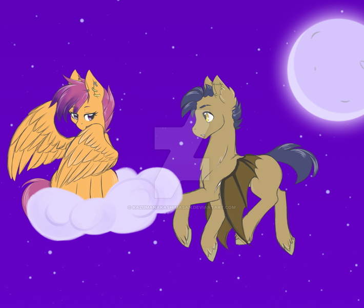 Size: 1024x865 | Tagged: safe, artist:uniquecolorchaos, derpibooru import, scootaloo, oc, oc:onyx, pony, canon x oc, cloud, female, flying, male, mare, moon, night, older, stallion, watermark