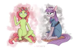 Size: 2796x1772 | Tagged: safe, artist:ratann, derpibooru import, maud pie, tree hugger, earth pony, pony, female, floral head wreath, flower, lesbian, mare, maudhugger, shipping, simple background, white background
