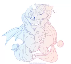 Size: 1000x903 | Tagged: safe, artist:thenornonthego, derpibooru import, oc, oc:blake, unofficial characters only, bat pony, pony, cuddling, cute, eyes closed, female, mare, monochrome, patreon reward, simple background, sleeping, smiling, white background, zzz