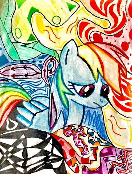 Size: 1024x1346 | Tagged: safe, artist:project-parallel, derpibooru import, rainbow dash, pony, abstract background, sad, solo, traditional art