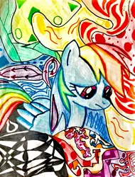 Size: 1024x1346 | Tagged: safe, artist:project-parallel, derpibooru import, rainbow dash, pony, abstract background, sad, solo, traditional art