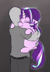 Size: 2389x3407 | Tagged: safe, artist:duop-qoub, derpibooru import, starlight glimmer, oc, oc:anon, human, pony, unicorn, cute, eyes closed, female, floppy ears, fluffy, glimmerbetes, gray background, hand on butt, holding a pony, hug, mare, simple background, smiling