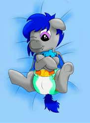 Size: 2403x3303 | Tagged: safe, artist:wittleskaj, derpibooru import, oc, oc:comet stargazer, unofficial characters only, bat pony, pony, baby, baby pony, colt, diaper, foal, lying down, male, on back, plushie, simple background, solo