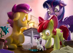 Size: 4000x2880 | Tagged: safe, artist:skribbler84, derpibooru import, apple bloom, scootaloo, sweetie belle, twilight sparkle, twilight sparkle (alicorn), alicorn, pony, bunsen burner, cutie mark crusaders, flower, glass, micro, poison joke, potion, shrunk, tiny ponies, uncanny valley