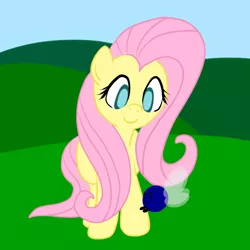 Size: 1000x1000 | Tagged: safe, artist:bennimarru, derpibooru import, fluttershy, parasprite, pony, looking at something, looking down, smiling, solo, standing