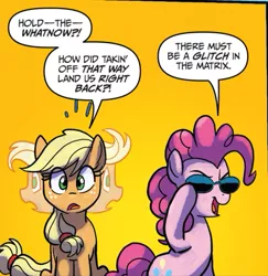 Size: 409x421 | Tagged: safe, artist:tonyfleecs, derpibooru import, idw, applejack, pinkie pie, pony, from the shadows, spoiler:comic, spoiler:comic53, confused, cropped, deja vu, duo, error, female, glitch, hatless, mare, missing accessory, neo, official comic, reference, simple background, speech bubble, sunglasses, the matrix, time loop, yellow background