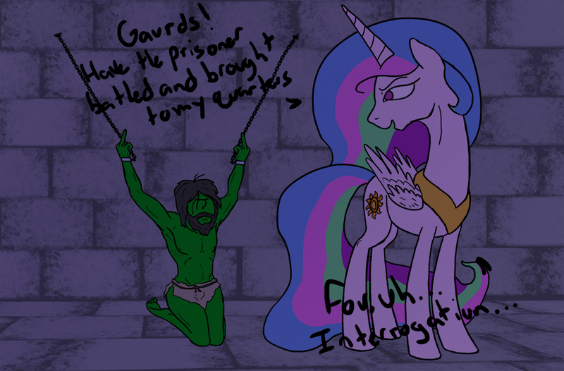 Size: 1000x658 | Tagged: questionable, artist:slamjam, derpibooru import, princess celestia, oc, oc:anon, human, pony, 4chan, armpits, beard, blatant lies, chains, colored, dark background, dirty, drawthread, dungeon, duo, facial hair, female, funny, funny as hell, grimderp, imminent "interrogation", imminent rape, imminent sex, implied human on pony action, implied interspecies, interrogation, jewelry, loincloth, long hair, majestic as fuck, peytral, prisoner, vulgar