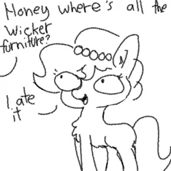 Size: 1280x1280 | Tagged: safe, artist:tjpones, derpibooru import, oc, oc:brownie bun, unofficial characters only, earth pony, pony, horse wife, black and white, chest fluff, cute, dialogue, doodle, ear fluff, grayscale, monochrome, ocbetes, offscreen character, simple background, solo, white background