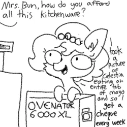 Size: 1280x1280 | Tagged: safe, artist:tjpones, derpibooru import, oc, oc:brownie bun, unofficial characters only, earth pony, pony, horse wife, black and white, blackmail, dialogue, doodle, ear fluff, grayscale, implied princess celestia, monochrome, offscreen character, oven, shopping, simple background, solo, this will end in fire, white background, xk-class end-of-the-kitchen scenario