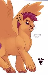 Size: 636x987 | Tagged: safe, artist:jayrockin, derpibooru import, scootaloo, pegasus, pony, tiny sapient ungulates, belly fluff, chest fluff, ear piercing, eyebrow piercing, female, finger hooves, fluffy, leg fluff, lip piercing, mare, nose piercing, older, piercing, raised hoof, raised leg, simple background, smiling, snake bites, solo, spread wings, whiskers, white background, wings