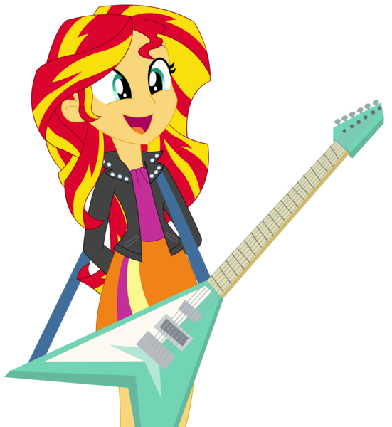 Size: 2097x2283 | Tagged: safe, artist:sketchmcreations, derpibooru import, sunset shimmer, equestria girls, rainbow rocks, clothes, cute, electric guitar, flying v, guitar, hands behind back, jacket, leather jacket, open mouth, shimmerbetes, simple background, skirt, solo, sunset shredder, transparent background, vector