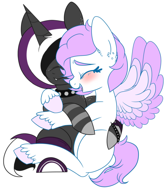 Size: 792x904 | Tagged: safe, artist:toodaioo, artist:toods, derpibooru import, oc, unofficial characters only, pegasus, pony, unicorn, blank flank, blushing, clothes, collar, commission, couple, fangs, female, fluffy, male, mare, simple background, snuggling, socks, spikes, stallion, straight, striped socks, studs, transparent background