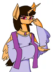 Size: 428x577 | Tagged: alicorn, alicorn oc, anthro, anthro oc, artist:blaseroth, clothes, derpibooru import, oc, oc:spring beauty, safe, simple background, solo, unofficial characters only, white background