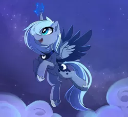 Size: 2260x2062 | Tagged: safe, artist:magnaluna, derpibooru import, princess luna, alicorn, pony, cheek fluff, chest fluff, cloud, crown, cute, ear fluff, female, fluffy, flying, horseshoes, jewelry, leg fluff, lunabetes, magic, mare, night, open mouth, peytral, regalia, s1 luna, shoulder fluff, smiling, solo, stars, wing fluff