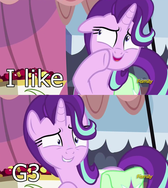 Size: 1256x1406 | Tagged: safe, derpibooru import, edit, edited screencap, screencap, starlight glimmer, pony, unicorn, rock solid friendship, bag, cherry, discovery family, discovery family logo, exploitable meme, female, food, g3, hair flip, hair over one eye, lip bite, meme, saddle bag, solo, starlight's confessions, text, text edit, watermark