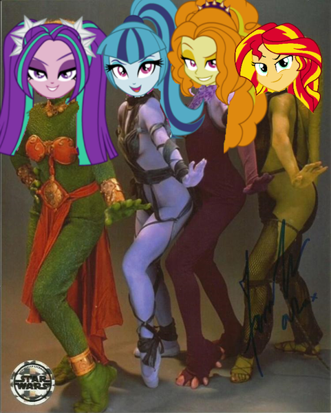 Size: 750x935 | Tagged: suggestive, derpibooru import, edit, edited screencap, screencap, adagio dazzle, aria blaze, sonata dusk, sunset shimmer, alien, equestria girls, backup dancers, breasts, cropped, female, greeata jendowanian, harem, head swap, kinky, line-up, lyn me, max rebo band, oola, quartet, rystáll sant, sexy, skimpy, slave, small breasts, star wars, strut, the dazzlings