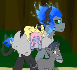 Size: 3024x2718 | Tagged: safe, artist:jolliapplegirl, derpibooru import, oc, oc:acheron, oc:diopside, oc:marigold, oc:sea holly, unofficial characters only, bat pony, hybrid, pegasus, pony, unicorn, adopted offspring, black sclera, curved horn, foal, horn, interspecies offspring, magical gay spawn, next generation, offspring, parent:fluttershy, parent:iron will, parent:king sombra, parent:lord tirek, parent:unnamed oc, parents:ironshy, parents:sombrashy, parents:sombrawill, piggyback ride