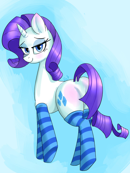 Size: 900x1200 | Tagged: suggestive, artist:passigcamel, derpibooru import, rarity, pony, unicorn, bedroom eyes, butt blush, clothes, female, looking at you, mare, plot, smiling, socks, solo, solo female, stockings, striped socks, thigh highs