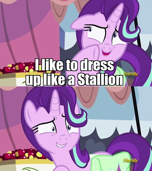 Size: 1256x1406 | Tagged: safe, derpibooru import, edit, edited screencap, screencap, starlight glimmer, pony, unicorn, rock solid friendship, crossdressing, dialogue, discovery family logo, exploitable meme, image macro, meme, shrunken pupils, solo, starlight's confessions, sweat