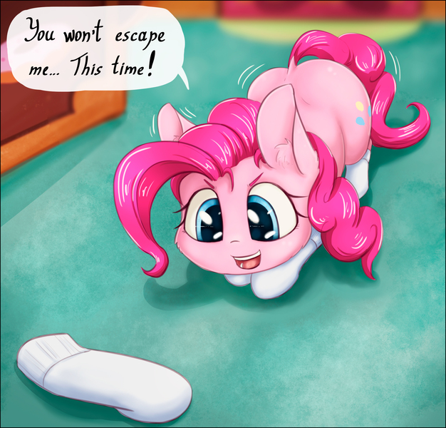 Size: 2240x2146 | Tagged: safe, artist:alcor, derpibooru import, pinkie pie, earth pony, pony, behaving like a cat, cheek fluff, clothes, cute, daaaaaaaaaaaw, dialogue, diapinkes, dock, ear fluff, female, imminent pounce, mare, socks, solo, sweet dreams fuel, weapons-grade cute