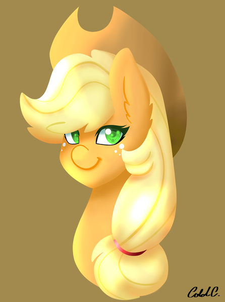 Size: 1300x1750 | Tagged: safe, artist:ciderpunk, derpibooru import, applejack, pony, brown background, bust, colored pupils, simple background, solo