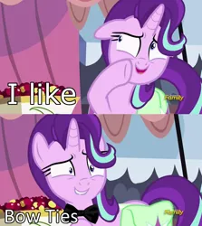 Size: 1256x1406 | Tagged: safe, derpibooru import, edit, edited screencap, screencap, starlight glimmer, pony, unicorn, rock solid friendship, bowtie, bowties are cool, discovery family logo, doctor who, eleventh doctor, exploitable meme, image macro, meme, shrunken pupils, solo, starlight's confessions, sweat