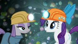 Size: 1920x1090 | Tagged: safe, derpibooru import, screencap, maud pie, rarity, pony, rock solid friendship, bow, cave, gem, gem cave, helmet, mining helmet