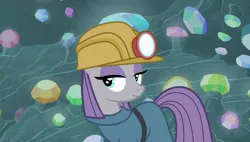 Size: 1920x1090 | Tagged: safe, derpibooru import, screencap, maud pie, earth pony, pony, rock solid friendship, cave, gem, gem cave, helmet, mining helmet, smiling, solo