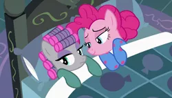 Size: 1920x1090 | Tagged: safe, derpibooru import, screencap, maud pie, pinkie pie, earth pony, pony, rock solid friendship, season 7, bed, clothes, curly mane, duo, duo female, female, hair curlers, image, mare, pajamas, pie sisters, png, siblings, sisters