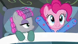 Size: 1920x1090 | Tagged: safe, derpibooru import, screencap, maud pie, pinkie pie, pony, rock solid friendship, bed, clothes, hair curlers, pajamas