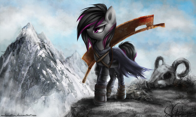 Size: 1024x614 | Tagged: semi-grimdark, artist:aschenstern, derpibooru import, oc, unofficial characters only, pony, blood, crossover, dark souls, mountain, skull, weapon