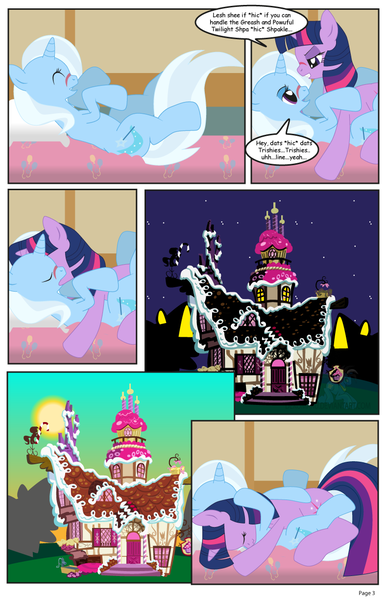 Size: 792x1224 | Tagged: suggestive, artist:dekomaru, derpibooru import, trixie, twilight sparkle, pony, comic:the greatest gift, blushing, comic, drunk, drunk twilight, female, implied sex, kissing, lesbian, mare, shipping, sugarcube corner, the great and alcoholics trixie, twixie