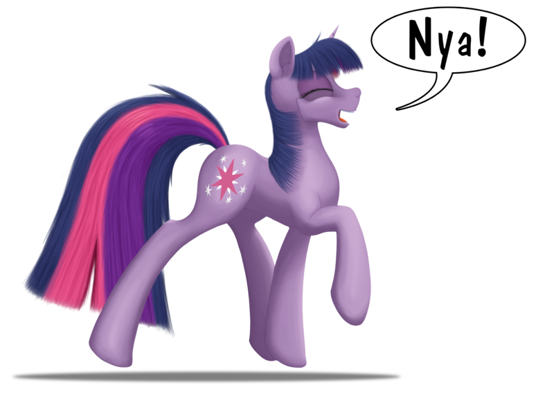 Size: 3035x2160 | Tagged: safe, artist:bcrich40, derpibooru import, twilight sparkle, pony, unicorn, behaving like a cat, eyes closed, high res, nya, simple background, solo, teeth, transparent background, trotting, twilight cat, unicorn twilight