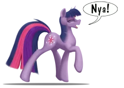 Size: 3035x2160 | Tagged: safe, artist:bcrich40, derpibooru import, twilight sparkle, pony, unicorn, behaving like a cat, eyes closed, high res, nya, simple background, solo, teeth, transparent background, trotting, twilight cat, unicorn twilight