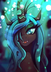 Size: 1357x1920 | Tagged: artist:rariedash, bust, changeling, changeling queen, derpibooru import, fangs, female, hair over one eye, looking at you, mare, portrait, queen chrysalis, safe, solo