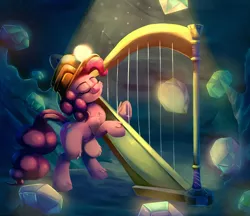 Size: 2000x1730 | Tagged: safe, artist:discorded, derpibooru import, pinkie pie, earth pony, pony, rock solid friendship, cavern, eyes closed, female, hard hat, harp, hat, helmet, mare, mining helmet, musical instrument, scene interpretation, solo