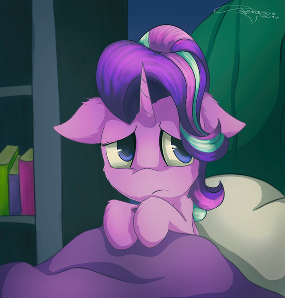 Size: 2200x2300 | Tagged: safe, artist:ferasor, derpibooru import, starlight glimmer, pony, unicorn, rock solid friendship, bed, bedsheets, female, floppy ears, mare, pillow, sad, solo